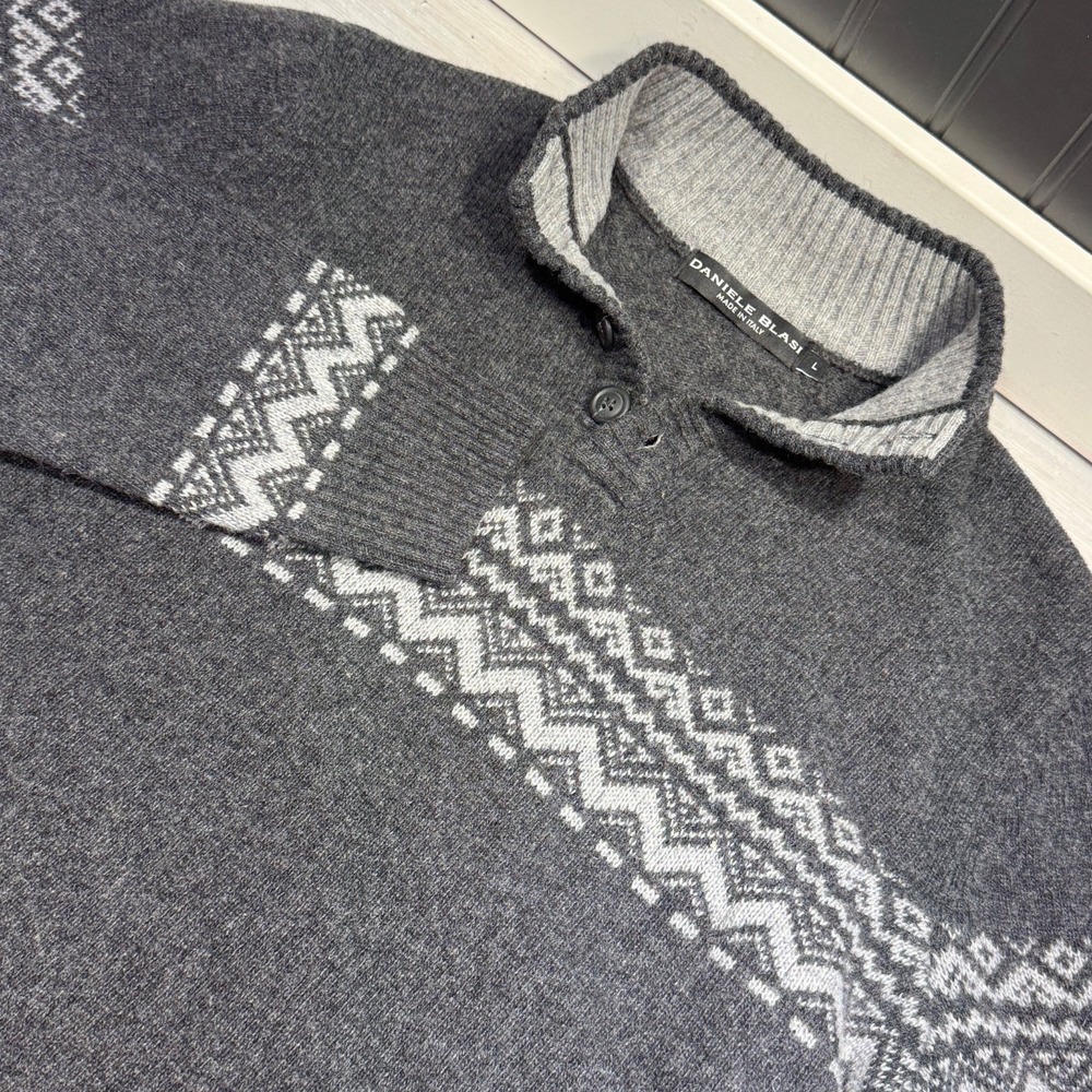 Daniele Blasi Mens Wool Sweater Large Fair Isle Dark Gray Pullover Button Preppy